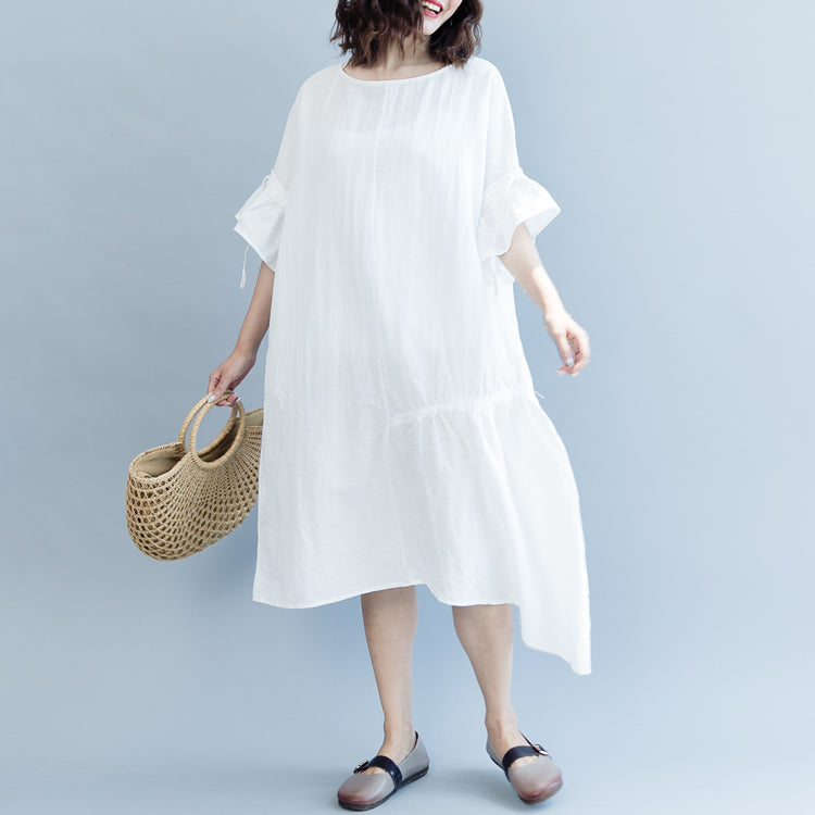 women white long cotton linen dress plus size O neck drawstring caftans fine Petal Sleeve baggy dresses