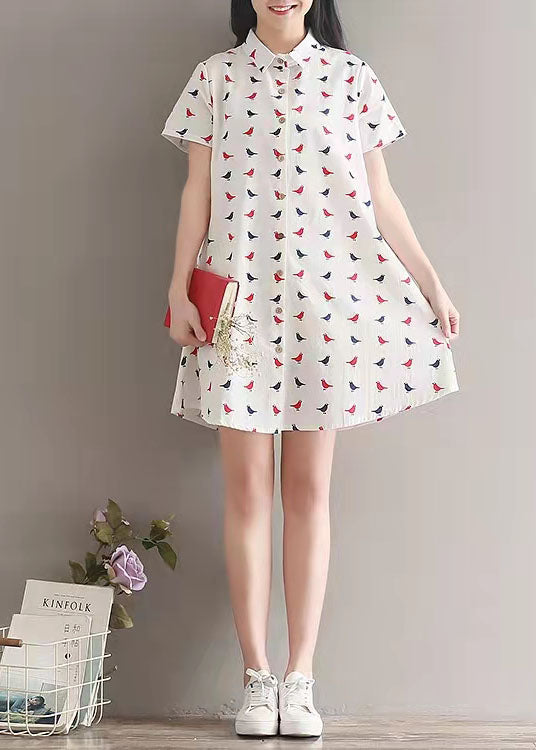 women prints linen dress casual lapel collar linen gown fine shirt dress