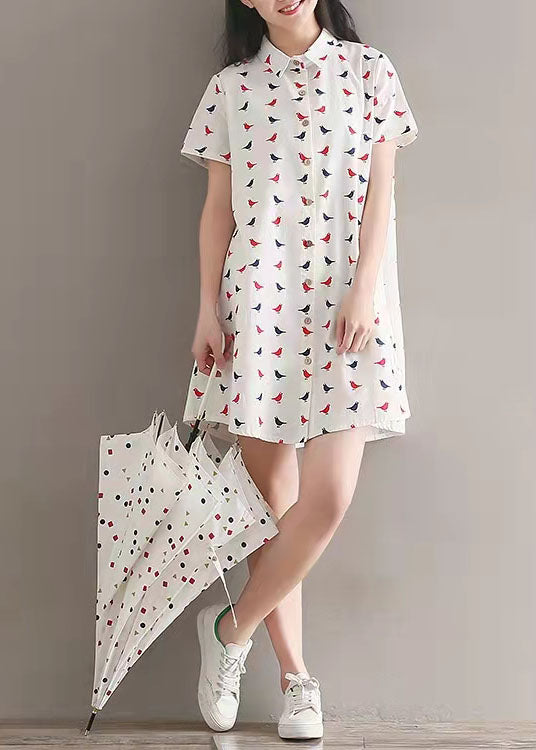 women prints linen dress casual lapel collar linen gown fine shirt dress