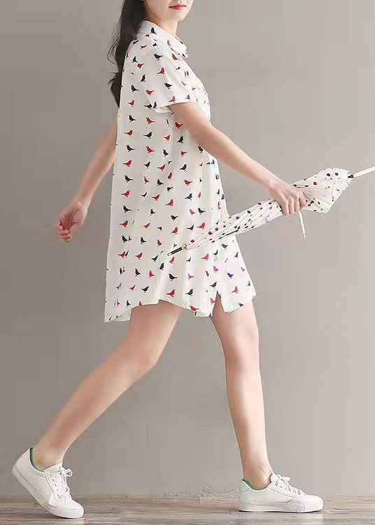 women prints linen dress casual lapel collar linen gown fine shirt dress