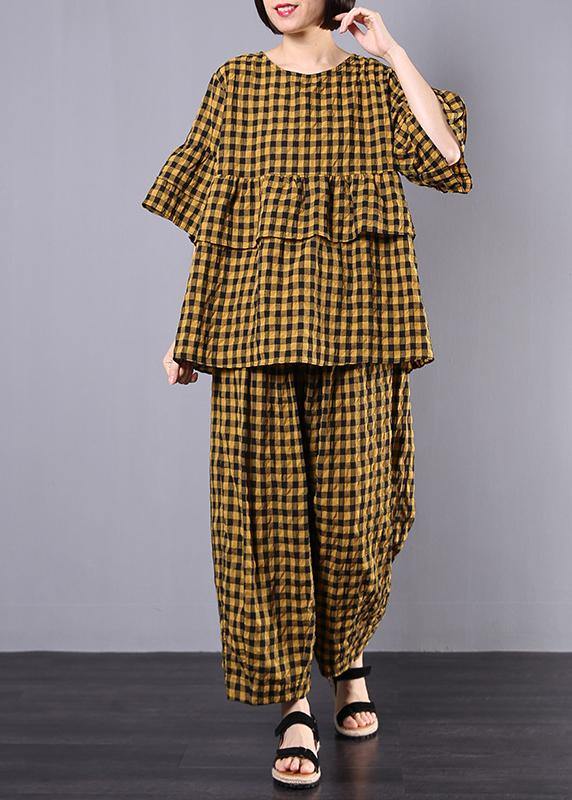 yellow plaid cotton linen patchwork ruffles tops and women wide leg pants two pieces