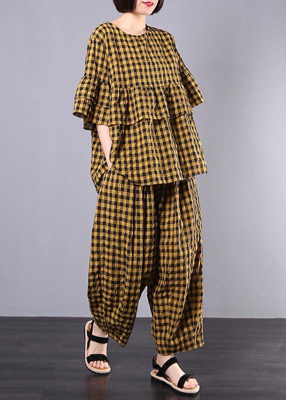 yellow plaid cotton linen patchwork ruffles tops and women wide leg pants two pieces