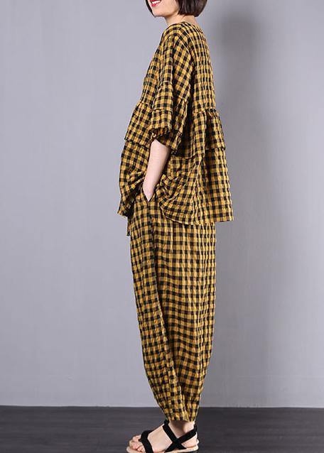 yellow plaid cotton linen patchwork ruffles tops and women wide leg pants two pieces